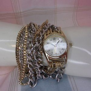 Gold Silver Multi Chain Wrap Bracelet Wrist Watch Quartz